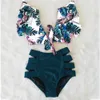 2022 Flounce Biquini Swimwear Hoge taille gegolfde Sexy Bikini Set Floral Beachwear V-Neck Bathing Suit Women Two Pieces Swimsuit