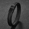 Bracelet classique Punk hommes noir Bracelet en cuir tressé en acier inoxydable fermoir magnétique mode BraceletsBangle Raym22