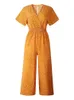 Förlustsky kvinnor jumpsuits rompers sommar casual tryck V-ringficka övergripande jumpsuit kort hylsa bred ben lös jumpsuit 220725