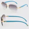 Klassisk metallkantlös solglasögon Blue Wood Glasses Outdoors Driving Sun Glasses Designer Diamond Cut Lens Mens Women 18k Gold Stora runda ramar Storlek: 61-18-140mm