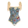 Women's Swimwear Vintage Colorblock Floral Print One-Piece Bandeau Swimsuit Set Blue Women With Cover Up 2022 Luxury Shorts BourkiniWomen's