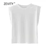 New Women fashion solid color shoulder pad casual T-shirts female basic o neck sleeveless knitted T shirt chic leisure tops T678 210311