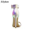 Eilyken Summer Silver Blue Serpentine Peep Toe High Heel Women Sandals Sexy Buckle Strap Ankle-wrap Ladies Sandals Club Shoes 220516