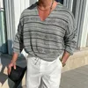 T-shirt da uomo in cotone spandex manica lunga da uomo T-shirt estiva moda casual lino scollo a V a righe asciugatura rapida camicia a righe da uomo