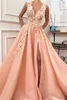 New Designer Pink Evening Dresses Sexy V Neck A Line Flora Flowers Beads Appliqued long Tulle Party Occasion Gowns Prom Dress Vest1419385