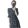 Vintage Kore Moda Giyim Yaz Ince Elastik Bel Bir Çizgi V Boyun Zarif Ofis Bayan Çiçek Chic Şifon Uzun Elbise Retro 220423