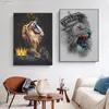 Tierischer König der Löwen mit Krone Poster Cuadros Wandkunst Leinwandgemälde Aquarell Leinwanddruck Bilder für Wohnzimmer Wohnkultur