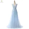 SSYFashion Sell Sweet Light Blue Lace V-neck Lacing Long Evening Dress The Bride Party Sexy Backless Prom Dresses Custom 220510