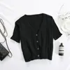 Women's T Shirts T-shirts Women V-Neck Button Up Tees Short Sleeve Casual Knitted Cadigans Crop Tops For 2022 Summer Tee