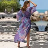 Purple Bohemian Impresso Manga Longa Taxada com cinto e cinturão Plus Tamanho da praia Kimono Tunic Mulheres e blusas camisas q1237 220510