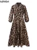 Vonda Women Summer Party Maxi Dress Retro Leopard Printed特大のサンドレスセクシーなランタンスリーブボヘミアンビーチLong Vestido 220531