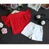 Conjunto de roupas para meninas de urso humorado manga oca blusas + shorts ternos infantis 220326