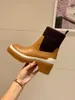 Orijinal deri kahverengi ayak bileği botları örme çorap stili ince fit kısa botlar marka moda kalın taban platformu Chelsea Boot