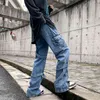 Ретро -джинсы на молнии мужская летняя вымытая брюки с громкой улицей Женщина Пара улица Фронт -Форк Дизайн ремня Джинсы T220803