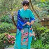 Japanische ethnische Kleidung, weiblicher Elch, großer Kimono mit Vibrationsärmeln, formelles Kleid, Tokyo Lady, wunderschöner Standard-Kimono, grün, blau