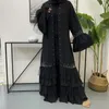 Ethnische Kleidung Abaya Friesen Muslim Mesh Spitze Patchwork Frauen Langes Kleid Aufflackernärmel Party Abend Offener Kimono Rüschen Arabischer Kaftan RobeEthn