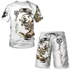 Herren-T-Shirts in Übergröße, Sportanzüge, 2-teiliges Set, Outfits, 3D-Druck, Löwe, digitaler Tiger, kurzärmlig, Top, T-Shirts, Sommer, Strand, Hosen, 2022, lässig, trendige Badehose