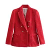 Damenanzüge Blazer Frauen Roter Tweed Strukturierter Zweireiher-Blazer Vintage Kerbkragen Langarmjacke Mäntel Bürodame Oberbekleidung