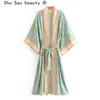 Nova venda quente vintage boho impressão floral longa quimono cardigan verão tops com cinto de praia vestido blusas mujer 210412