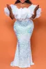Glitter Vit Sequined Mermaid Prom Klänningar Ruffle Off Shoulder Formal Aftonklänningar Golvlängd Kvinnor Plus Size Special Occasion Dresses