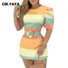 CM.YAYA Rainbow Striped Women's Mini Dress with Sashes Sexy Vintage Puff Sleeve O-neck Bodycon Bandage Pencil Midi Dresses 220516