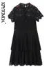 Women Fashion Lace Patchwork Pleated Party Midi Dress Vintage Short Sleeve Back dragkedja kvinnliga klänningar Vestidos 220526