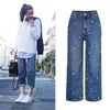 Dames jeans vrouwen hoge taille parel kralen wijd been rechte denim broek pantalon femmewomen's