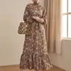 lente mode print slanke jurk staande kraag jurken voor vrouwen taille chiffon bloemen knie lange vestidos groothandel 220516