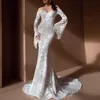 2022 Beyaz Dantel Denizkızı Prom Elbiseler Viatidos Omuz Kapalı Uzun Kollu Boncuklu Aletler Tül Zemin Uzunluğu Ucuz Uzun Akşam Elbise