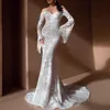 2022 white Lace Mermaid Prom Dresses veatidos off Shoulder long sleeves Beaded Appliques Tulle Floor Length Cheap Long Evening Gowns