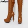 Sorbern Brown Women Boots Streched High Heels Platform Round Toe Shoes Size 33-48