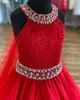 Crystals Girl Pageant Dress 2022 Ballgown AB Stone Red Organza little Kid Birthday Formal Party Gown Toddler Teens Preteen con Tulle Cape Halter Neck Keyhole ritze