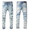 Mens Designer Jeans Denim Skinny Rock Slim Biker Moto Hip Hop Straight Leg Light Blue Patch Vintage Distress Stretch for Man Ripped Pant Long Zipper Hole Midweight