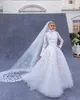 Uniquely Designed Wedding Dress 2023 with Free Veil A-Line High Neck Lace Bridal Gowns Long Sleeves Floral Embroidery Chapel Train Royal Garden Romantic Brides
