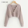 Colrovie Pink Korean Cross V Back Winter Crop Knited Sweater Kobiety Ubrania jesienne pullover skoczek damskie swetry 2012525