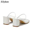 Nxy Sandals New Arrived Slippers for Women Square Low Heel Ladies Sandal Shoes Open Toe Narrow Band Slides Flip Flop Muje