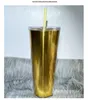 24oz plastgradientkoppar Dubbelväggig tumlare med lock och halmtur Cold Drink Cup Iced Coffee Z11