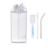 500ml1000ml Milk Carton Water Bottle BPA Free Plastic Portable Clear Box for Juice with Brush Straw 220531