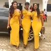 New Arábico Estilo Amarelo Bainha Própria de Vestidos de Honra 2022 Um ombro Comprimento do Ankle Cetim Casamento Convidado Vestido Cristal Cintura femininas Vestidos