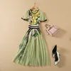 Summer Short Sleeve Round Neck Dress Green Floral Print Tulle Embroidery Sequins Panelled Mid-Calf XXL Elegant Casual Dresses 22Q042324