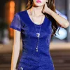 Toppar Kvinnor Blusar Sexig Net Garn T-shirt Skinnande Lurex Mesh Lace Tee Blus Flexibel Mjuk andningsbar Stilig Sofistikerad 220321