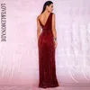 LOVELEMONADE Sexy rouge profond col en v profond avec paillettes fendues robe Maxi de soirée LM81849 220507