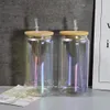 16 unz opalizujące szklane kubki z bambusową pokrywką sublimację kolory laserowe przezroczyste holograficzne szklanki piwo colę może być napojów DIY CIPS Transfer ciepła Wll1256