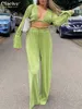 Claceve Sexy Green Pants Zestaw kobiety swobodne luźne bandaż bluzki pasujące do szerokich nogawek Spodnie Suit Elegancki 2 -częściowy zestaw spodni 220621