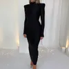 Casual Dresses Black Midi Bodycon Dress Women Blue Green Long Sleeve Shoulder Pads Turtleneck Elegant Evening Sexy Maxi Club Party