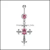 Body Arts Tattoos Art Health Beauty Dangle Cross Belly Button Rings Stainless Steel Fake Gem Inlaid Piercing Navel Barbe Dh20O