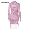 Showmorror Flame Print Hollow Out Women Mini Dress Long Sleeve Glovesruched Bodycon Sexy Streetwear Club Gothic 33615 220510