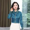 2023 Vintage Nakış Siyah İpek Gömlek Kadın Tasarımcı Uzun Kollu Düğme Ön Boğalar Üst Ofis Bayanlar Dönüşü Dönüşü Yakası Sıradan Gömlekler Kore Stil Moda Tops