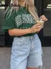 T-shirt verde con stampa lettera T-shirt manica corta da donna con scollo a V T-shirt oversize allentata Moda Y2K Casual Street Harajuku Summer Top 220719