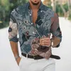 Mäns avslappnade skjortor Spring Autumn Men's Vintage Print Lapel Floral Hawaiian Henley Shirt med lösa ärmar Streetwearmen's